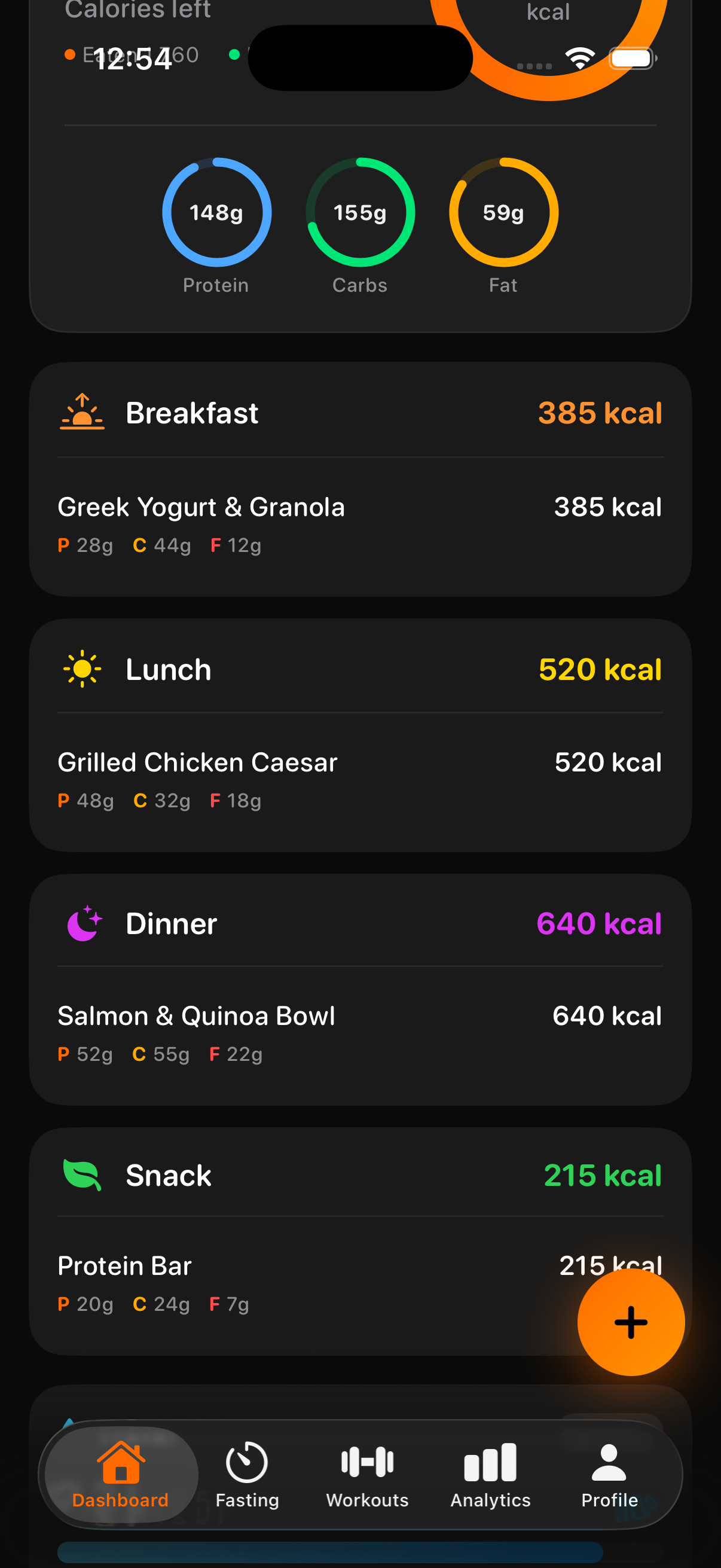 Burnly meal log showing Breakfast, Lunch, Dinner, and Snack sections with macro breakdowns