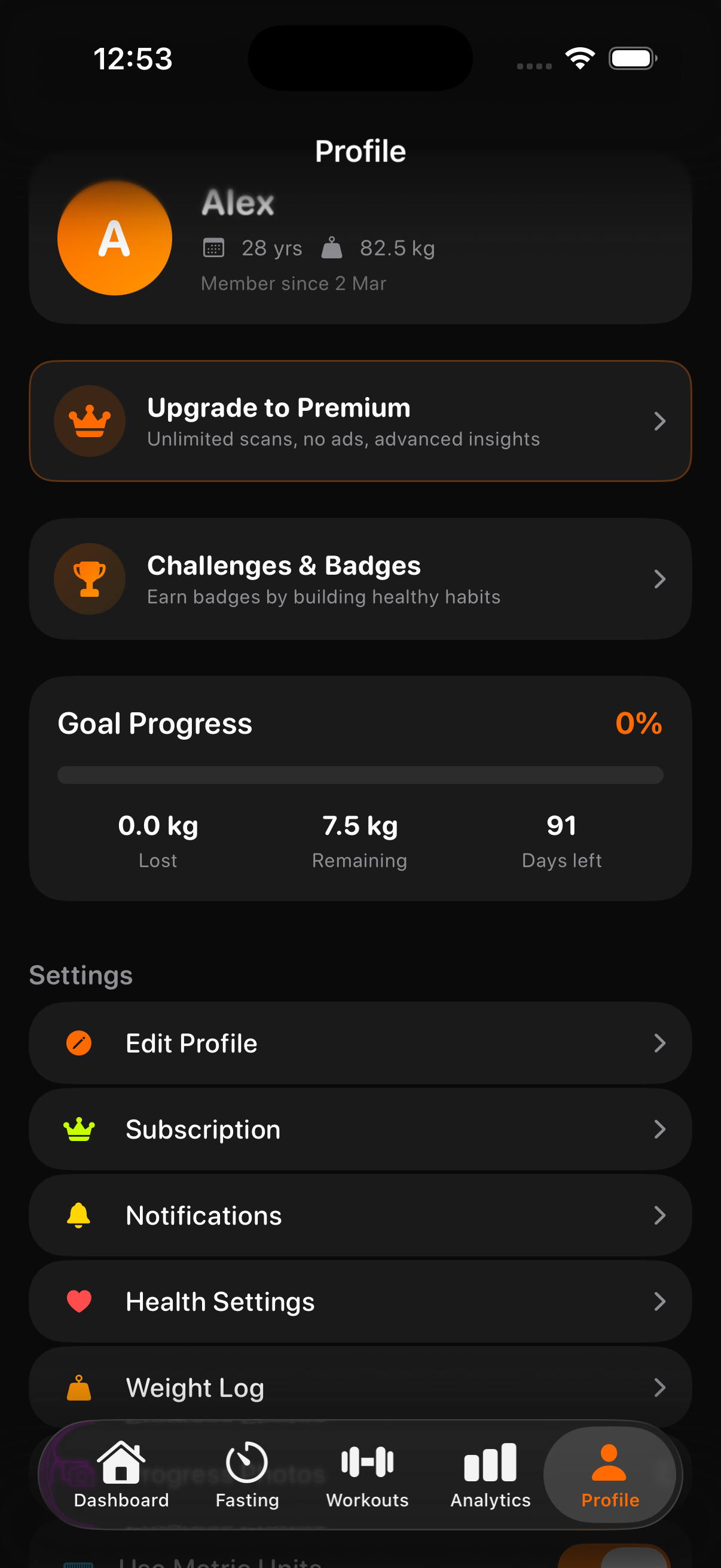 Burnly profile page with goal progress and settings