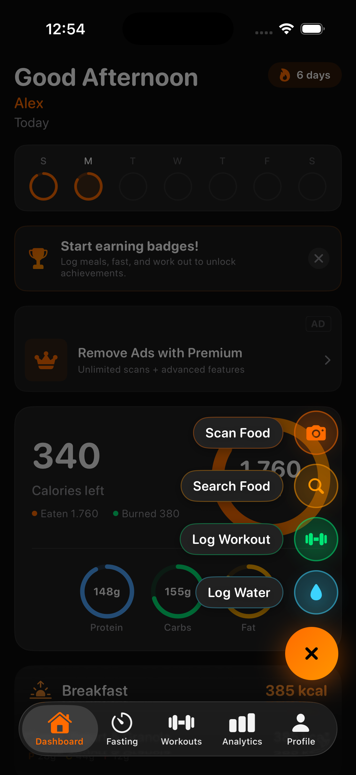 Burnly app dashboard showing calorie tracking, macros, and quick actions menu