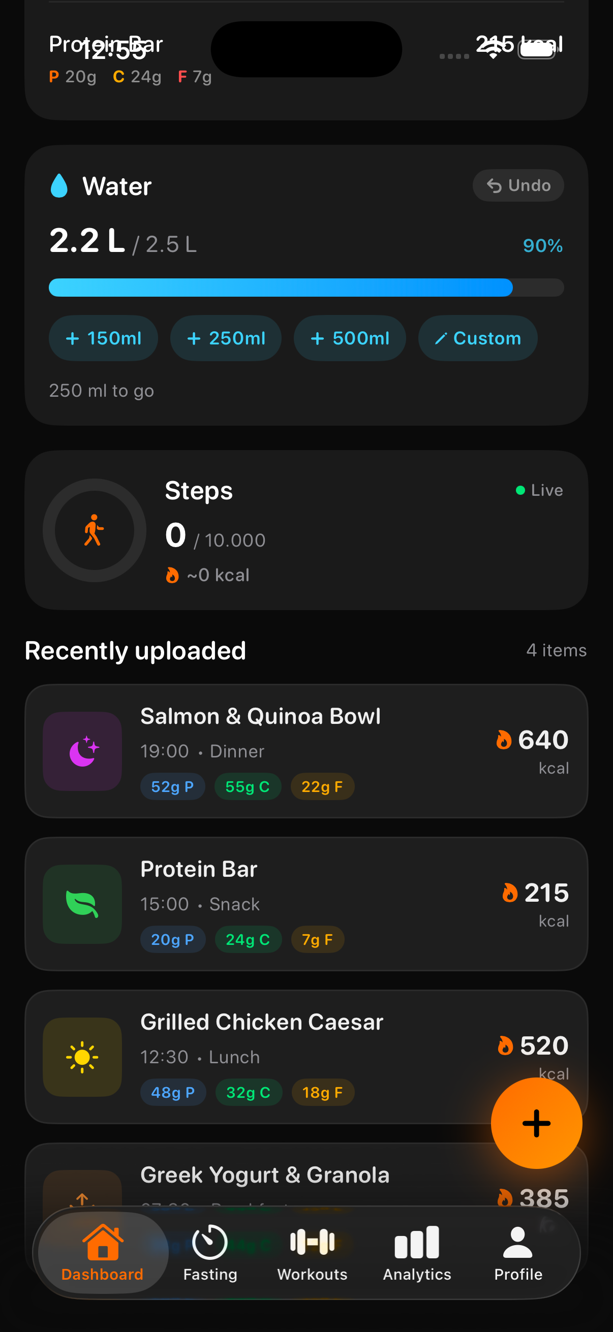 Burnly water tracking with step counter and recently uploaded meals